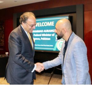 Finance Minister Muhammad Aurangzeb in a Meeting with members of Pakistan Business Council UAE.