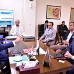 Federal Minister for Finance & Revenue, Senator Muhammad Aurangzeb, in a meeting with Mr. Syed Ali Mahmood, Country Lead for Pakistan at the Bill and Melinda Gates Foundation (BMGF), and Mr. Waqas ul Hassan, CEO of Karandaaz.