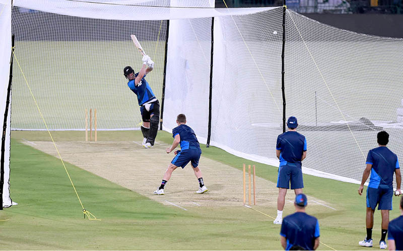 New Zealand team take part in a practice session at the Qaddafi Cricket Stadium during a five-match Twenty20 series.