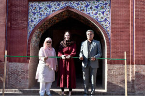 United States (US) Consul General in Lahore Kristin K. Hawkins unveiling of plaque of Conservation and Rehabilitation of Southern Side of Wazir Khan Mosque Funded by U.S Department of State and Government of the Punjab. The South Pavilion, the Southeast Minaret and the Shrine of Imam Gamu are significant historical landmarks of the Wazir Khan Mosque. U.S. Ambassadors Fund for Cultural Preservation (AFCP-branded) cultural heritage preservation project at the Wazir Khan Mosque. In order to restore these cultural and architectural sites, Aga Khan Foundation Pakistan / Aga Khan Cultural Service Pakistan carried out an extensive conservation and restoration project between January 2022 and December 2023 in collaboration with the Walled City of Lahore Authority will preserve structures located on the southern side of the Wazir Khan Mosque including the seventeenth century Tomb of Imam Gamun, six hujras and central pavilion, and the south-east minaret of the Mosque.