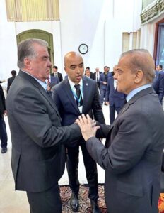 Prime Minister Muhammad Shehbaz Sharif meets the President of Tajikistan H.E. Emomali Rahmon at a commemoration ceremony organised in honor of late Iranian President Dr. Seyyed Ebrahim Raisi.
