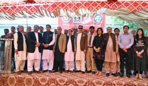 Former Prime Minister Raja Pervaiz Ashraf addressing during function to mark the International Labour Day at National Press Club.