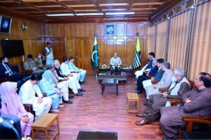 A delegation of Pakistan Muslim League (N) Azad Jammu and Kashmir calls on Prime Minister Muhammad Shehbaz Sharif during his visit to Azad Jammu and Kashmir.