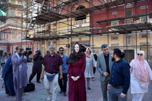 United States (US) Consul General in Lahore Kristin K. Hawkins unveiling of plaque of Conservation and Rehabilitation of Southern Side of Wazir Khan Mosque Funded by U.S Department of State and Government of the Punjab. The South Pavilion, the Southeast Minaret and the Shrine of Imam Gamu are significant historical landmarks of the Wazir Khan Mosque. U.S. Ambassadors Fund for Cultural Preservation (AFCP-branded) cultural heritage preservation project at the Wazir Khan Mosque. In order to restore these cultural and architectural sites, Aga Khan Foundation Pakistan / Aga Khan Cultural Service Pakistan carried out an extensive conservation and restoration project between January 2022 and December 2023 in collaboration with the Walled City of Lahore Authority will preserve structures located on the southern side of the Wazir Khan Mosque including the seventeenth century Tomb of Imam Gamun, six hujras and central pavilion, and the south-east minaret of the Mosque.