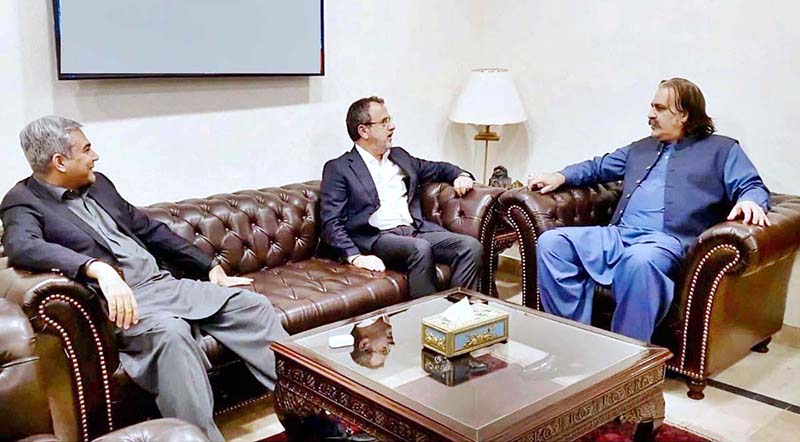Interior Minister Mohsin Naqvi and Federal Minister for Energy Sardar Awais Ahmad Khan Laghari in a meeting with Chief Minister Khyber Pakhtunkhwa Ali Amin Gandapur
