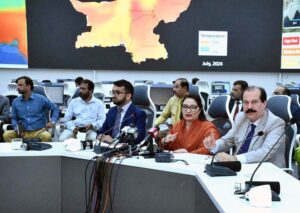 PM's Coordinator on Climate Change & Environmental Coordination Romina Khurshid Alam addressing news briefing on ongoing heat wave at NDMA.