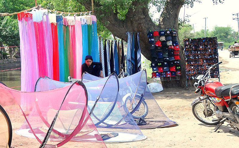 A vendor displays mosquito nets and other items to attract customers at his roadside setup