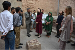 United States (US) Consul General in Lahore Kristin K. Hawkins unveiling of plaque of Conservation and Rehabilitation of Southern Side of Wazir Khan Mosque Funded by U.S Department of State and Government of the Punjab. The South Pavilion, the Southeast Minaret and the Shrine of Imam Gamu are significant historical landmarks of the Wazir Khan Mosque. U.S. Ambassadors Fund for Cultural Preservation (AFCP-branded) cultural heritage preservation project at the Wazir Khan Mosque. In order to restore these cultural and architectural sites, Aga Khan Foundation Pakistan / Aga Khan Cultural Service Pakistan carried out an extensive conservation and restoration project between January 2022 and December 2023 in collaboration with the Walled City of Lahore Authority will preserve structures located on the southern side of the Wazir Khan Mosque including the seventeenth century Tomb of Imam Gamun, six hujras and central pavilion, and the south-east minaret of the Mosque.