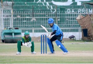 Players in action during cricket match played between Multan Women Cricket and Quetta Women Cricket teams during National Women's One Day Cricket Tournament 2024 at Iqbal Stadium.