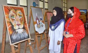 Students viewing paintings from different universities of South Punjab in the first South Punjab art exhibition competition organized by Women's University Multan.