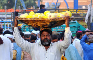 A large number of traders participating in bidding of seasonal fruit Melons at the Fruit market
