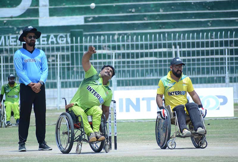 A view of Final cricket match played between Lahore Sikandars and Peshawar lions Wheelchair Cricket teams during T-20 2nd Interloop Pakistan Champions League 2024 at Iqbal Stadium.