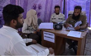 DSP Patrolling Police Rana Ghulam Mujtaba is inspecting the various desks set up for police recruitment at Regional Office Patrolling Police