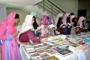Students visiting book stalls during two-day Mega Library Book Festival at MNS Agriculture University.