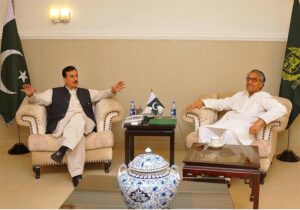 Chairman Senate Syed Yusuf Raza Gilani in a meeting with Former Federal Minister Jalil Abbas Jilani at Circuit House.