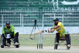 A view of Final cricket match played between Lahore Sikandars and Peshawar lions Wheelchair Cricket teams during T-20 2nd Interloop Pakistan Champions League 2024 at Iqbal Stadium.