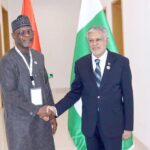 Deputy Prime Minister and Foreign Minister Senator Mohammad Ishaq Dar meets with his Nigerian counterpart Bakary Yaou Sangare on the sidelines of the 15th Islamic Summit in Banjul