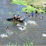 Youngsters jumping and bathing in Nullah Korang to get relief from hot weather in Federal Capital