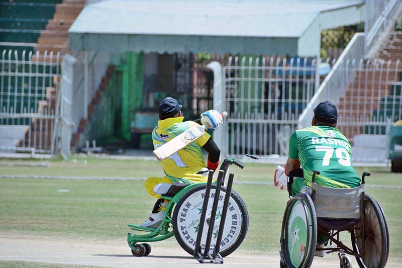 A view of cricket match played between Lahore Sikandars and Karachi Arcers Wheelchair Cricket teams during T-20 2nd Interloop Pakistan Champions League 2024 at Iqbal Stadium.