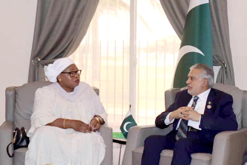 Lord Mayor of the city of Banjul Rohey Malick Lowe calls on Deputy Prime Minister and Foreign Minister, Senator Mohammad Ishaq Dar in Banjul