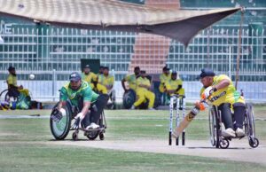 A view of cricket match played between Lahore Sikandars and Karachi Arcers Wheelchair Cricket teams during T-20 2nd Interloop Pakistan Champions League 2024 at Iqbal Stadium.