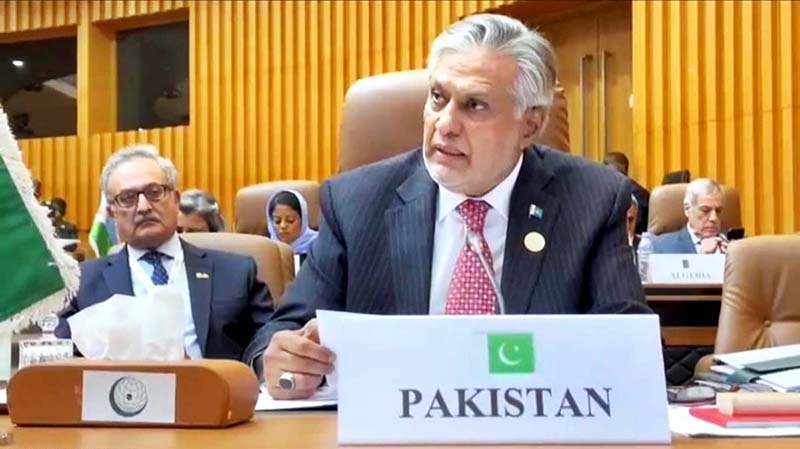 Deputy Prime Minister and Foreign Minister Senator Mohammad Ishaq Dar is addressing the 15th OIC Islamic Summit Conference