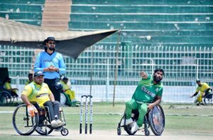 A view of cricket match played between Lahore Sikandars and Karachi Arcers Wheelchair Cricket teams during T-20 2nd Interloop Pakistan Champions League 2024 at Iqbal Stadium.