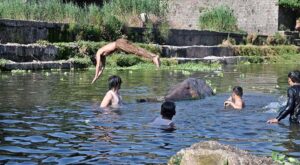 Youngsters jumping and bathing in Korang Nullah to get relief from hot weather in Federal Capital.