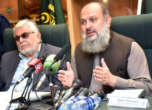 Federal Minister for Commerce Jam Kamal Khan addressing to media persons at Trade Development Authority of Pakistan (TDAP).