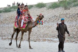 A family enjoying carriage riding at Al manzar picnic point at Indus river area.