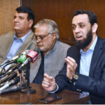 Federal Minister for Information and Broadcasting Attaullah Tarar, Deputy Prime Minister & Foreign Minister Senator Mohammad Ishaq Dar and Federal Minister for Kashmir Affairs & Gilgit-Baltistan Amir Maqam addressing a press conference