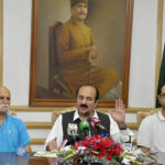 Chairman of Prime Minister’s Youth Programme (PMYP) Rana Mashhood Ahmad Khan addressing a press conference at Aiwan-e-Iqbal