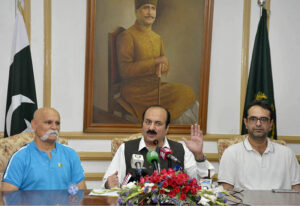 Chairman of Prime Minister’s Youth Programme (PMYP) Rana Mashhood Ahmad Khan addressing a press conference at Aiwan-e-Iqbal