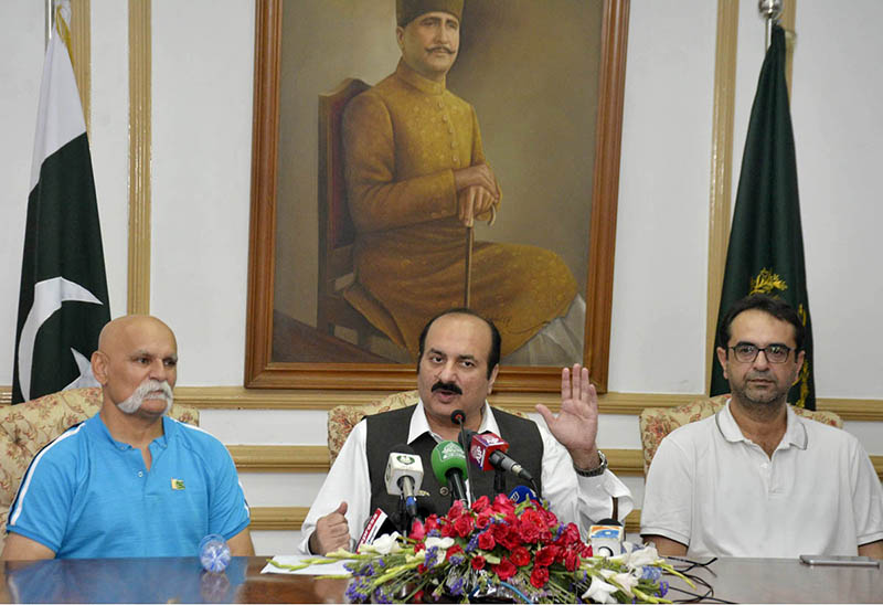 Chairman of Prime Minister’s Youth Programme (PMYP) Rana Mashhood Ahmad Khan addressing a press conference at Aiwan-e-Iqbal