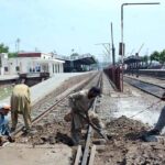 Railway workers are busy in repairing railway tracks near Railway Station during repairing and maintenance work.