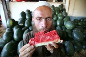 Vendors displaying watermelons to attract the customers at Fruit Market.