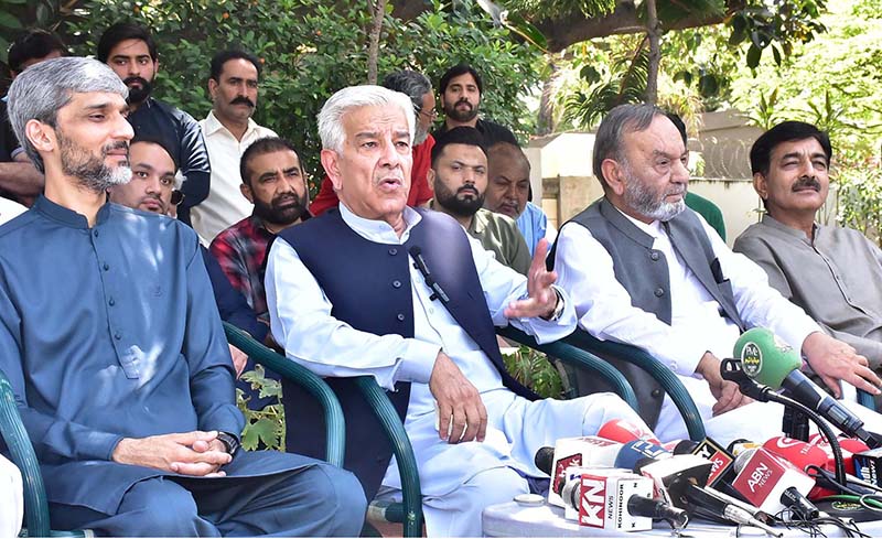Federal Minister for Defense, Khawaja Muhammad Asif is addressing to media persons