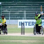 A view of cricket match played between Lahore Sikandars and Peshawar Lions Wheelchair Cricket teams during T-20 2nd Interloop Pakistan Champions League 2024 at Iqbal Stadium.
