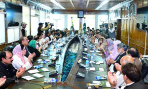 Prime Minister Muhammad Shehbaz Sharif offering Fateha for shuhada during the meeting of the Cabinet of Azad Jammu and Kashmir