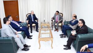 A high level Syrian delegation led by the Deputy Minister of Education of Syria Mr. Rami Al-Dhulli called upon the Minister of Federal Education and Professional Training Dr. Khalid Maqbool Siddiqui, The meeting was attended by the Ambassador of Syria to Pakistan Mr. Ramiz Al-Rai and the Deputy Ambassador of Pakistan to Syria Mr. Umar Hayat Khan. Senior officials of the ministry including the Secretary Education Mr. Mohyuddin Ahmad Wani also attended the meeting.