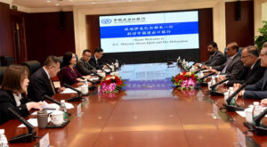 Federal Minister for Planning, Development and Special initiatives Prof. Ahsan Iqbal and SAPM Tariq Fatmi, meeting with President EXIM Bank Mr. Ren Shenfjun at EXIM Bank