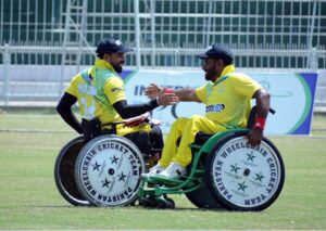 A view of cricket match played between Lahore Sikandars and Peshawar Lions Wheelchair Cricket teams during T-20 2nd Interloop Pakistan Champions League 2024 at Iqbal Stadium.