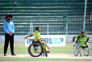 A view of cricket match played between Lahore Sikandars and Peshawar Lions Wheelchair Cricket teams during T-20 2nd Interloop Pakistan Champions League 2024 at Iqbal Stadium.