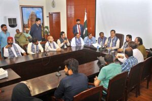 Chairman Senate Syed Yusuf Raza Gillani in a meeting with the Saraikistan Democratic Party delegation at Circuit House.