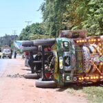 A truck lies overturned after accident at Chak Shahzad Road in the Federal Capital
