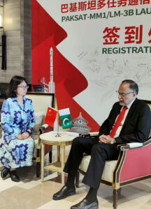 Planning Minister Prof. Ahsan Iqbal being interviewed by Chinese media regarding the launch of Pakistan's second communication satellite PAKSAT-MM1.