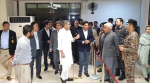 Federal Minister for Interior, Mohsin Naqvi and Federal Minister for Aviation and Defence, Khawaja Muhammad Asif giving necessary instructions regarding enhancing facilities for passengers at Allama Iqbal International Airport.