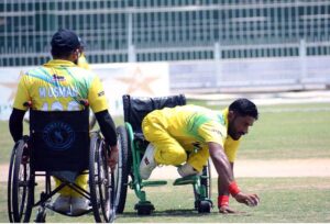 A view of cricket match played between Lahore Sikandars and Peshawar Lions Wheelchair Cricket teams during T-20 2nd Interloop Pakistan Champions League 2024 at Iqbal Stadium.