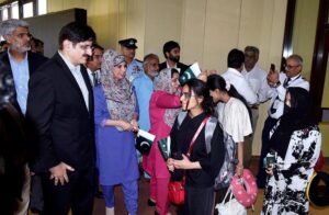 Sindh Chief Minister Syed Murad Ali Shah receives stranded Pakistani students from Bishkek-Kyrgyzstan on their arrival at Jinnah Terminal.