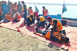 Staffers of Rescue 1122 participating in pre-flood mock exercises at Head Muhammadwala.